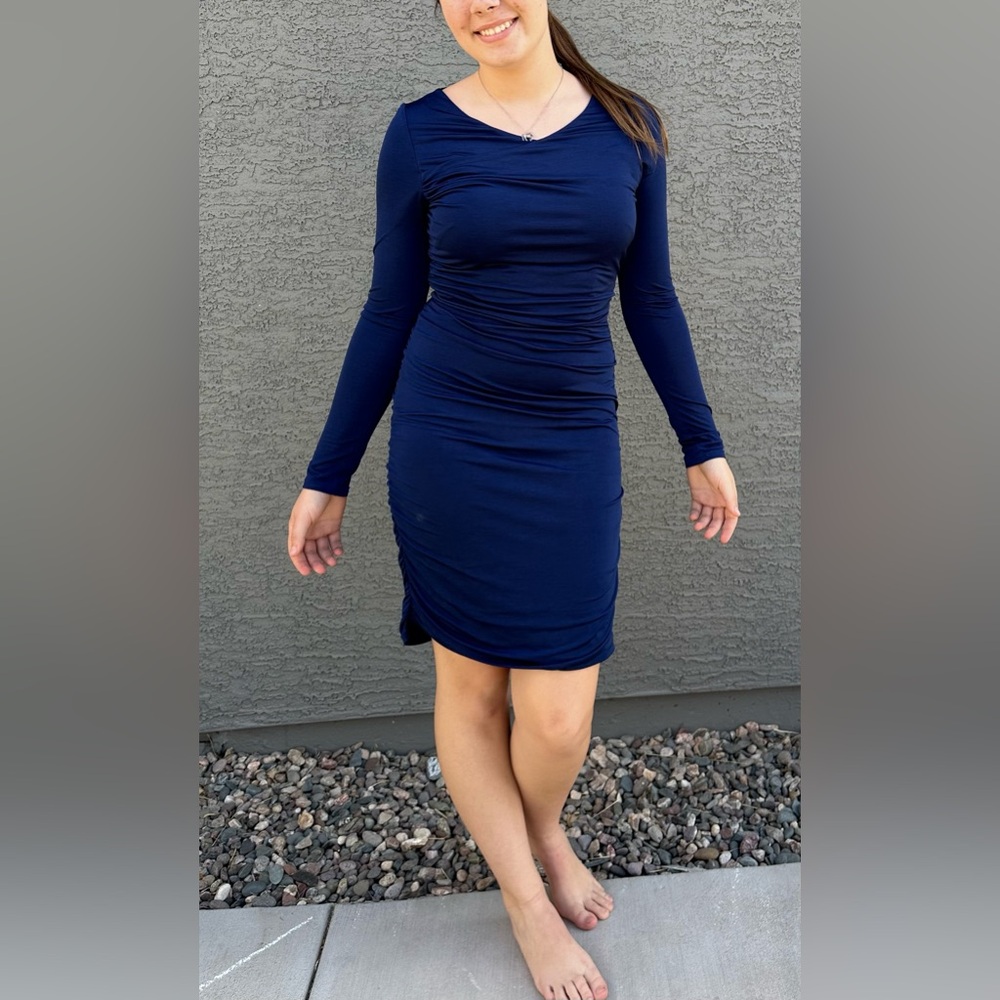 Eliza J. Long Sleeve Drape Front Ruched Back Jersey Bodycon Dress in Cobalt Blue